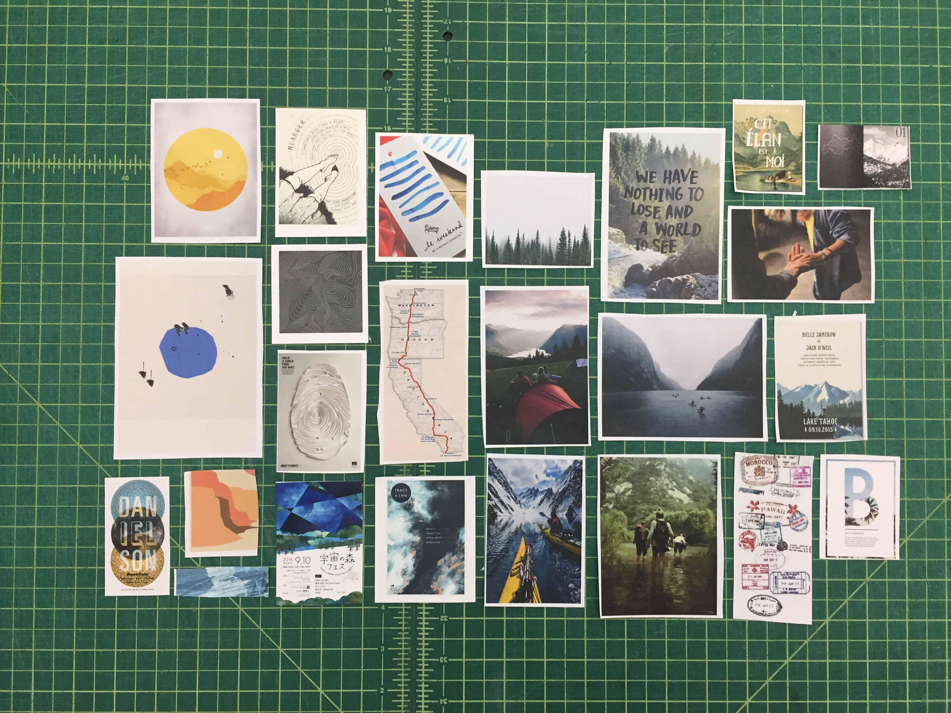 an organically assembled mood board for Odyssey Memorials visual direction